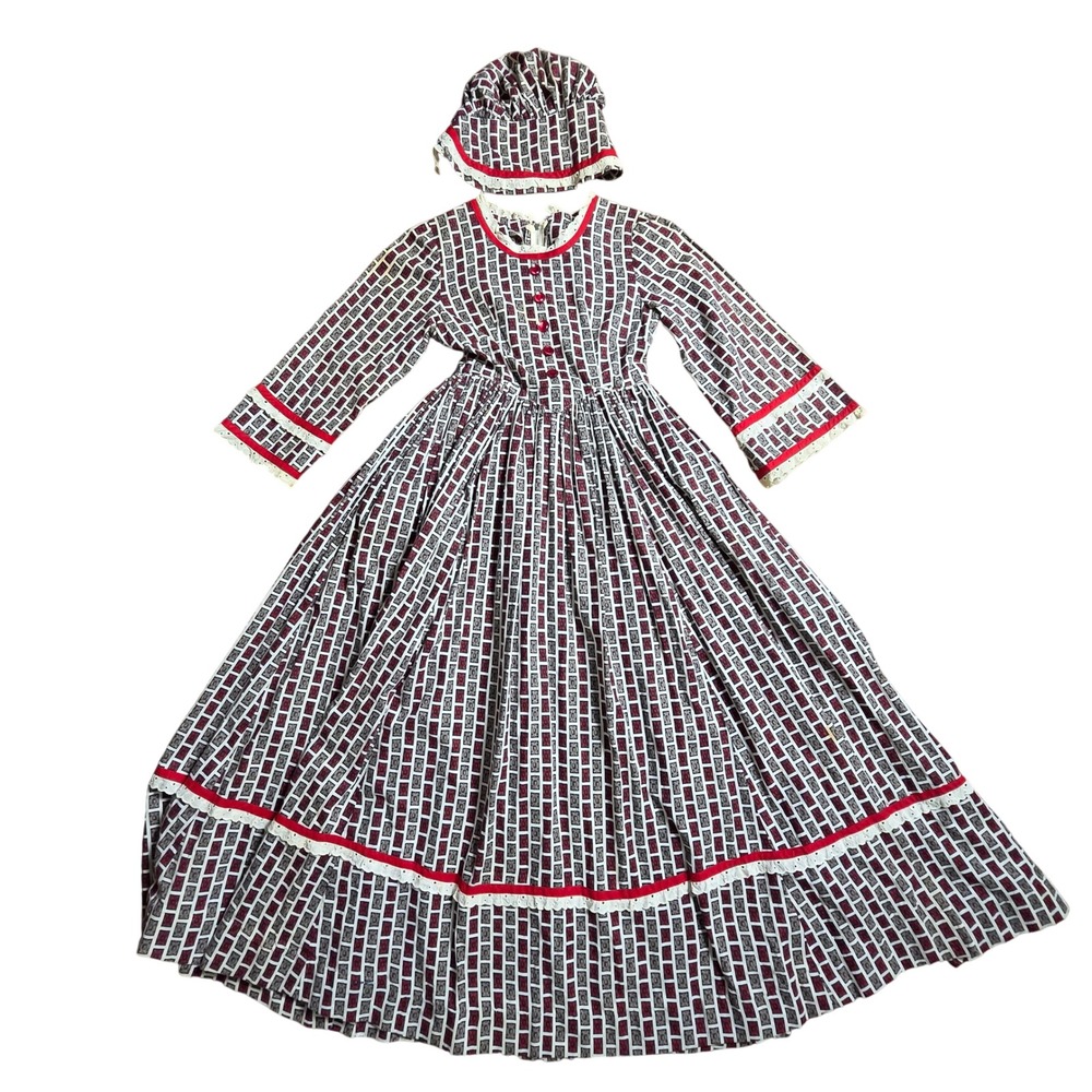 Vintage Handmade Prairie Dress Bonnet Set 0 Geometric Print Eyelet Lace Trim